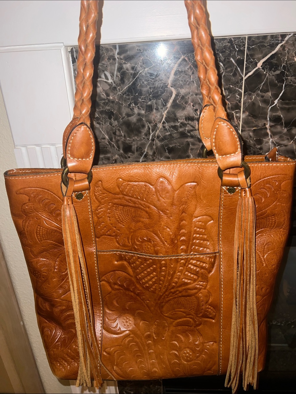 Patricia Nash Rena Burnished Brown Tooled Leather Tote Zip Top Tassels